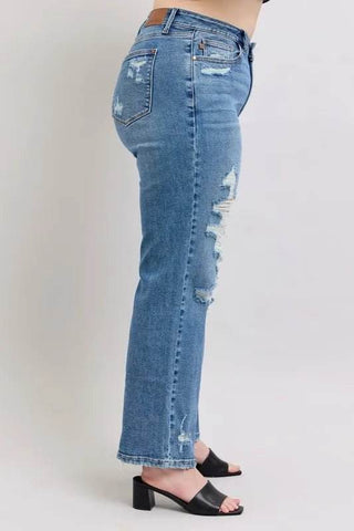 Judy Blue Full Size High Waist Heavy Destroy Straight Jeans Plus Size - Just Believe Boutique