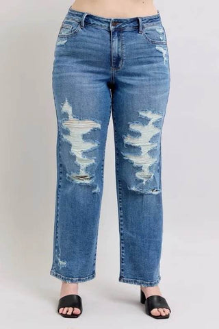 Judy Blue Full Size High Waist Heavy Destroy Straight Jeans Plus Size - Just Believe Boutique