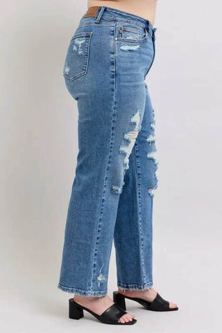 Judy Blue Full Size High Waist Heavy Destroy Straight Jeans Plus Size - Just Believe Boutique
