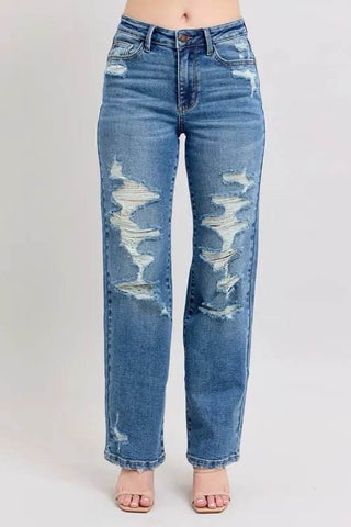 Judy Blue Full Size High Waist Heavy Destroy Straight Jeans Plus Size - Just Believe Boutique