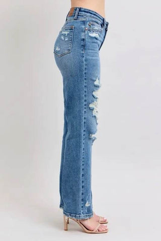 Judy Blue Full Size High Waist Heavy Destroy Straight Jeans Plus Size - Just Believe Boutique