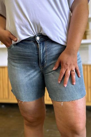 Judy Blue Full Size High Waist Raw Hem Denim Shorts - Just Believe Boutique
