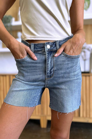 Judy Blue Full Size High Waist Raw Hem Denim Shorts - Just Believe Boutique