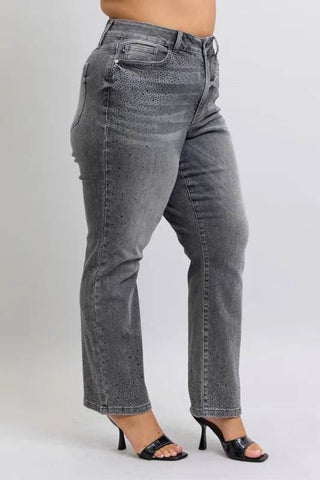 Judy Blue Full Size High Waist Rhinestone Straight Jeans Plus Size - Just Believe Boutique