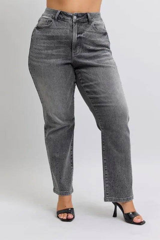 Judy Blue Full Size High Waist Rhinestone Straight Jeans Plus Size - Just Believe Boutique