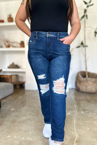 Judy Blue Full Size High Waist Rigid Magic Heavy Destroy Straight Jeans - Just Believe Boutique