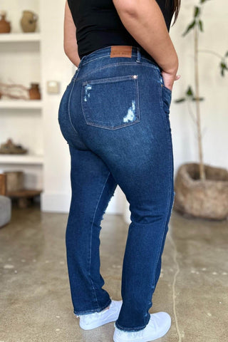 Judy Blue Full Size High Waist Rigid Magic Heavy Destroy Straight Jeans - Just Believe Boutique