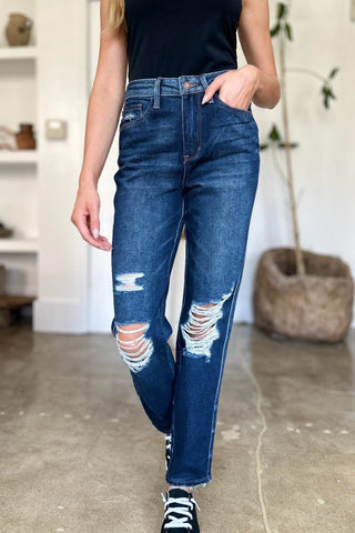Judy Blue Full Size High Waist Rigid Magic Heavy Destroy Straight Jeans - Just Believe Boutique