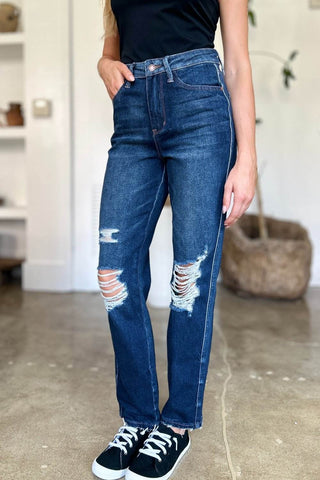 Judy Blue Full Size High Waist Rigid Magic Heavy Destroy Straight Jeans - Just Believe Boutique