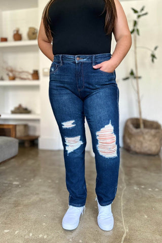 Judy Blue Full Size High Waist Rigid Magic Heavy Destroy Straight Jeans - Just Believe Boutique