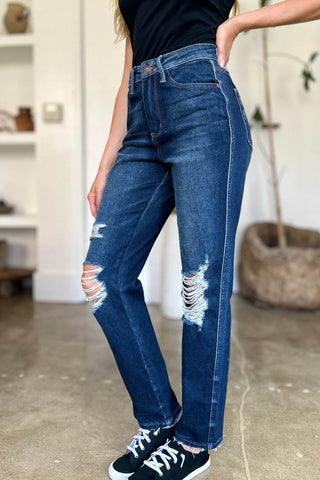 Judy Blue Full Size High Waist Rigid Magic Heavy Destroy Straight Jeans - Just Believe Boutique