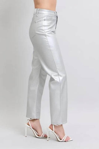 Judy Blue Full Size High Waist Silver Faux Leather Pants Plus Size - Just Believe Boutique