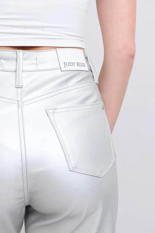 Judy Blue Full Size High Waist Silver Faux Leather Pants Plus Size - Just Believe Boutique
