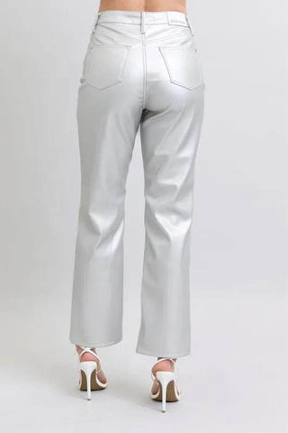 Judy Blue Full Size High Waist Silver Faux Leather Pants Plus Size - Just Believe Boutique