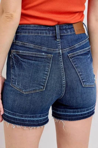 Judy Blue Full Size High Waist Tummy Control Destroy Release Hem Denim Shorts Plus Size - Just Believe Boutique