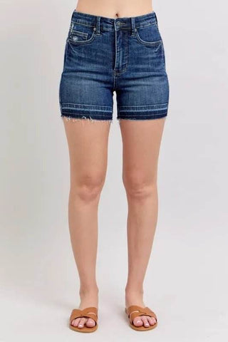 Judy Blue Full Size High Waist Tummy Control Destroy Release Hem Denim Shorts Plus Size - Just Believe Boutique