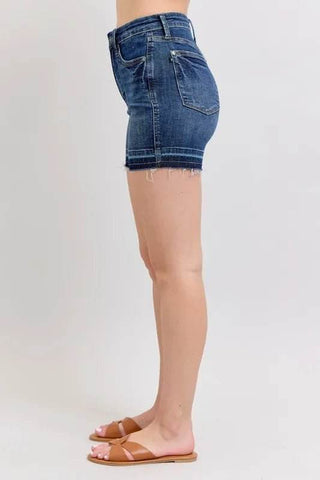 Judy Blue Full Size High Waist Tummy Control Destroy Release Hem Denim Shorts Plus Size - Just Believe Boutique