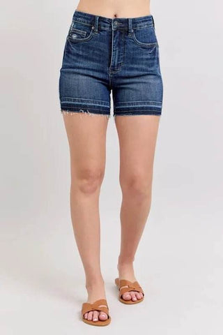 Judy Blue Full Size High Waist Tummy Control Destroy Release Hem Denim Shorts Plus Size - Just Believe Boutique