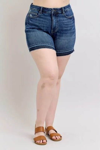 Judy Blue Full Size High Waist Tummy Control Destroy Release Hem Denim Shorts Plus Size - Just Believe Boutique