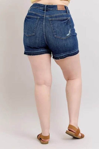 Judy Blue Full Size High Waist Tummy Control Destroy Release Hem Denim Shorts Plus Size - Just Believe Boutique
