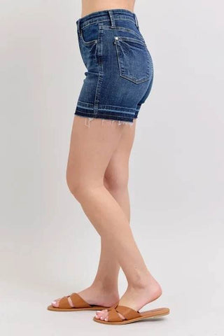 Judy Blue Full Size High Waist Tummy Control Destroy Release Hem Denim Shorts Plus Size - Just Believe Boutique
