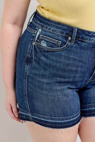 Judy Blue Full Size High Waist Tummy Control Destroy Release Hem Denim Shorts Plus Size - Just Believe Boutique