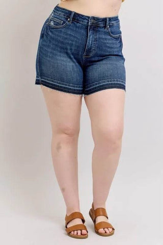 Judy Blue Full Size High Waist Tummy Control Destroy Release Hem Denim Shorts Plus Size - Just Believe Boutique