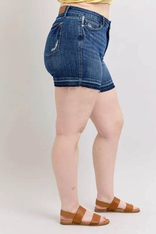 Judy Blue Full Size High Waist Tummy Control Destroy Release Hem Denim Shorts Plus Size - Just Believe Boutique