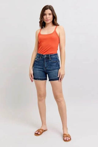 Judy Blue Full Size High Waist Tummy Control Destroy Release Hem Denim Shorts Plus Size - Just Believe Boutique