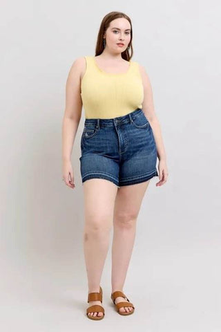 Judy Blue Full Size High Waist Tummy Control Destroy Release Hem Denim Shorts Plus Size - Just Believe Boutique