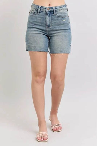 Judy Blue Full Size High Waist Vintage Wash Side Slit Denim Shorts Plus Size - Just Believe Boutique
