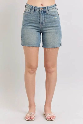 Judy Blue Full Size High Waist Vintage Wash Side Slit Denim Shorts Plus Size - Just Believe Boutique
