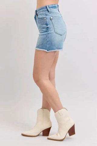 Judy Blue Full Size High Waist Western Embroidery Detail Cut Off Denim Shorts Plus Size - Just Believe Boutique