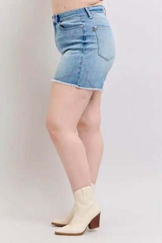 Judy Blue Full Size High Waist Western Embroidery Detail Cut Off Denim Shorts Plus Size - Just Believe Boutique