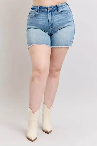 Judy Blue Full Size High Waist Western Embroidery Detail Cut Off Denim Shorts Plus Size - Just Believe Boutique