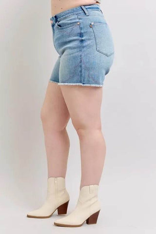 Judy Blue Full Size High Waist Western Embroidery Detail Cut Off Denim Shorts Plus Size - Just Believe Boutique