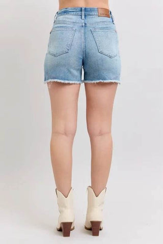 Judy Blue Full Size High Waist Western Embroidery Detail Cut Off Denim Shorts Plus Size - Just Believe Boutique