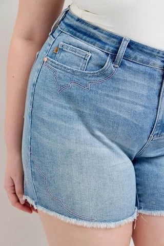 Judy Blue Full Size High Waist Western Embroidery Detail Cut Off Denim Shorts Plus Size - Just Believe Boutique
