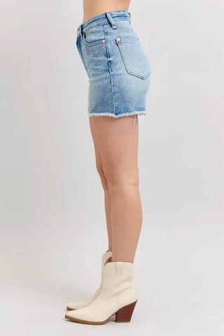 Judy Blue Full Size High Waist Western Embroidery Detail Cut Off Denim Shorts Plus Size - Just Believe Boutique
