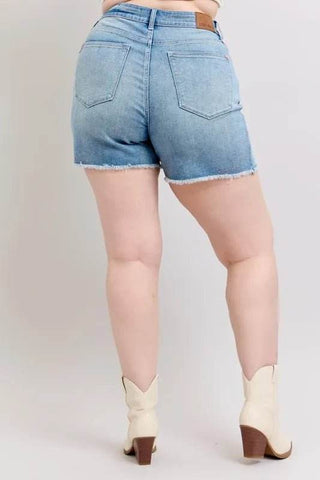 Judy Blue Full Size High Waist Western Embroidery Detail Cut Off Denim Shorts Plus Size - Just Believe Boutique