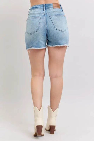 Judy Blue Full Size High Waist Western Embroidery Detail Cut Off Denim Shorts Plus Size - Just Believe Boutique