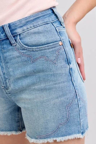 Judy Blue Full Size High Waist Western Embroidery Detail Cut Off Denim Shorts Plus Size - Just Believe Boutique