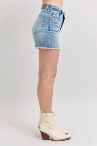Judy Blue Full Size High Waist Western Embroidery Detail Cut Off Denim Shorts Plus Size - Just Believe Boutique