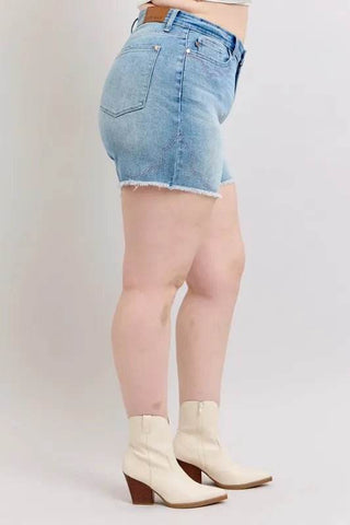 Judy Blue Full Size High Waist Western Embroidery Detail Cut Off Denim Shorts Plus Size - Just Believe Boutique
