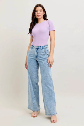 Judy Blue Full Size High Waist Wide Leg Jeans with Skewed Inseam Plus Size - Just Believe Boutique