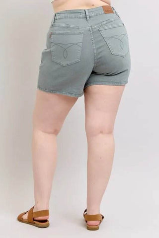 Judy Blue Full Size Hw Garment Dyed & Back Pkt Embroidery Shorts Plus Size - Just Believe Boutique