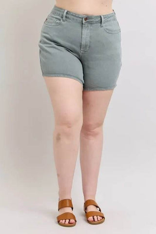 Judy Blue Full Size Hw Garment Dyed & Back Pkt Embroidery Shorts Plus Size - Just Believe Boutique