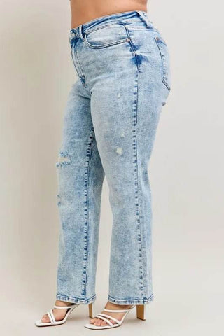 Judy Blue Full Size Hw Mineral Wash Destroy 90's Straight Jeans Plus Size - Just Believe Boutique