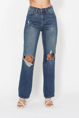 Judy Blue Full Size Hw Ripped Knee Dad Jeans Plus Size - Just Believe Boutique
