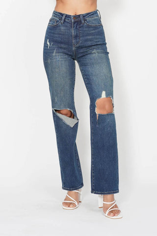 Judy Blue Full Size Hw Ripped Knee Dad Jeans Plus Size - Just Believe Boutique